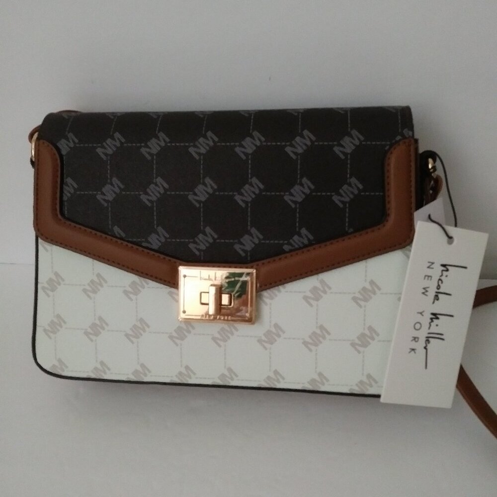 Nicole Miller Handbag Cross-body Strap Brown, Tan and off White
